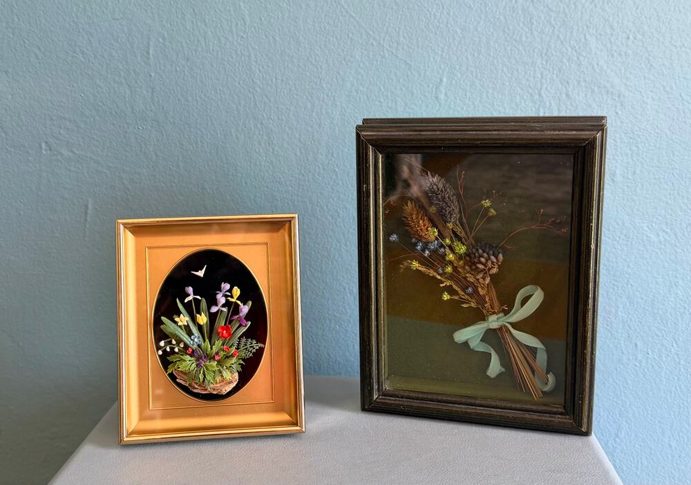 Vintage 3D Dried Flower Art Set - 2 Piece Miniature Shadow Box & Gold Frame